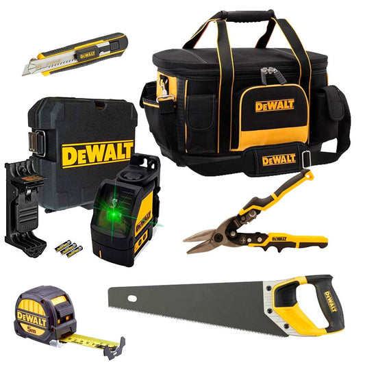 Plasterboard kit: DW088CG green laser level + 5 Dewalt tools