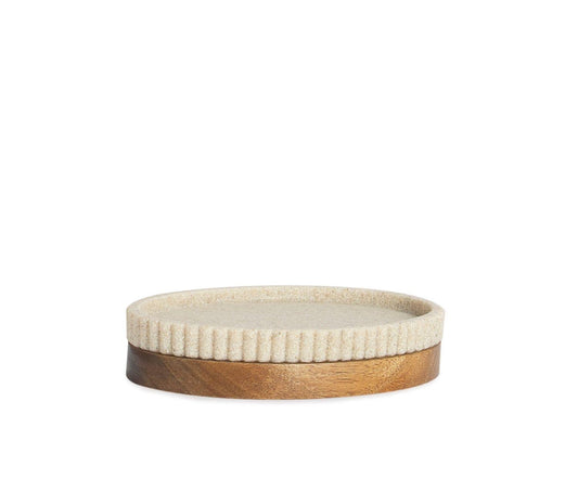 Porte-savon beige en polyrésine et bois d'acacia, 14 × 9,5 × 3 cm, Andrea House