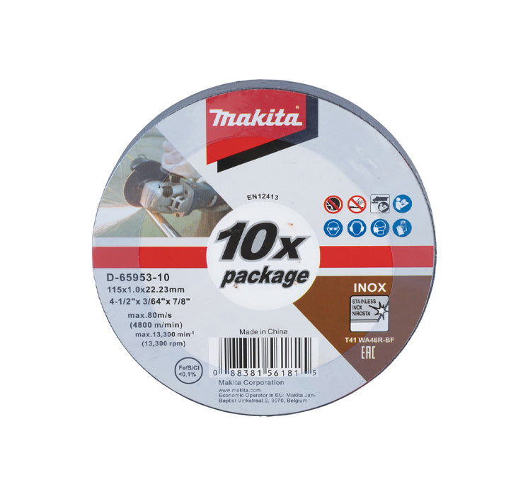 Boîte de 10 disques à tronçonner Makita D-65953-10 de 115 mm en acier inoxydable