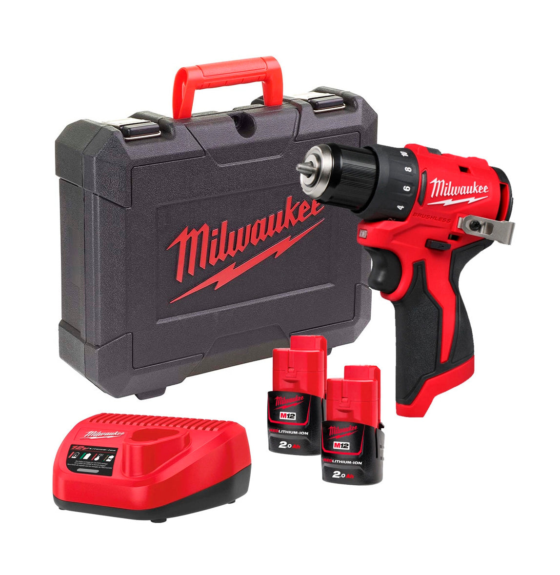Perceuse-visseuse à percussion + 2 batteries 2.0Ah + Chargeur + Coffret Milwaukee M12 BLDDRC-202C