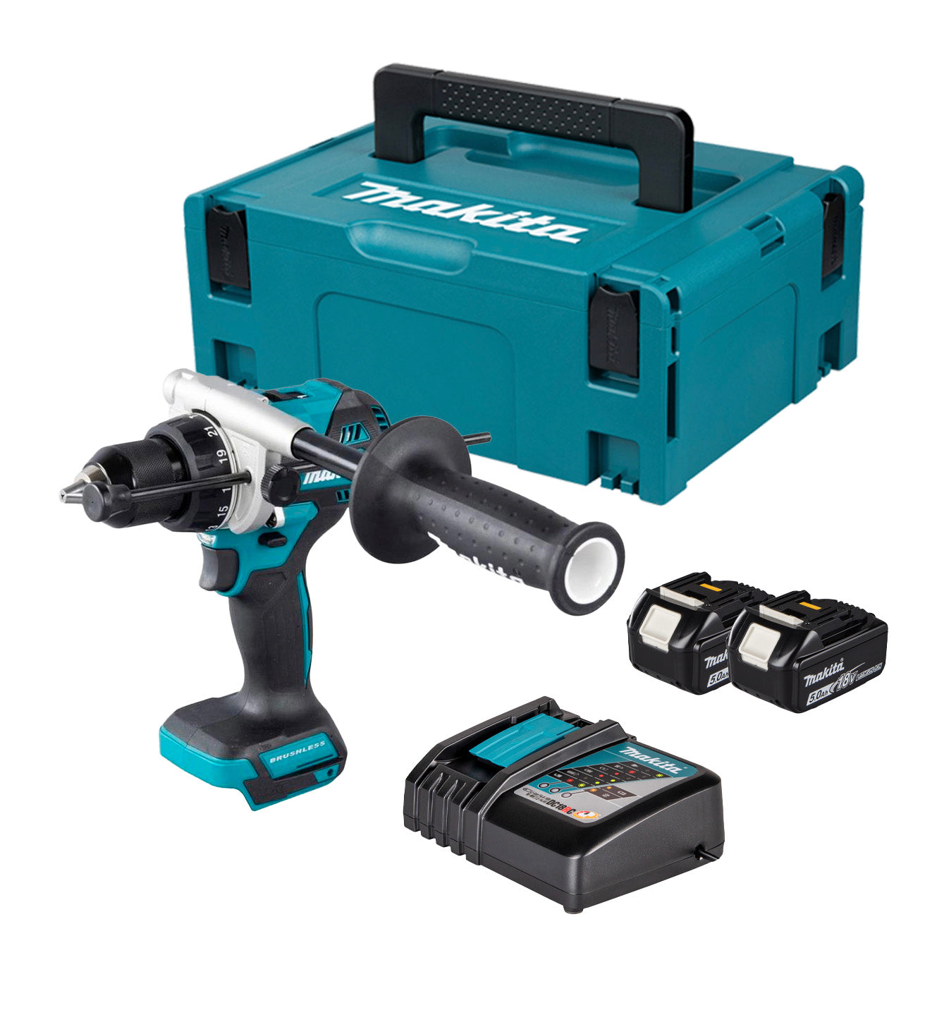 Perceuse-visseuse à percussion Makita DHP493RTJ 18V LXT avec 2 batteries 5 Ah, chargeur et coffret de transport