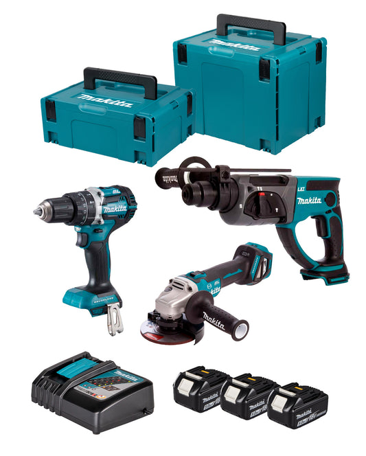 Kit combiné Makita DLX3093TJ 18V : Perceuse DHP4984 + Meuleuse DGA513 + Marteau perforateur DHR202 + 3 batteries 5 Ah + Chargeur + Coffret de transport